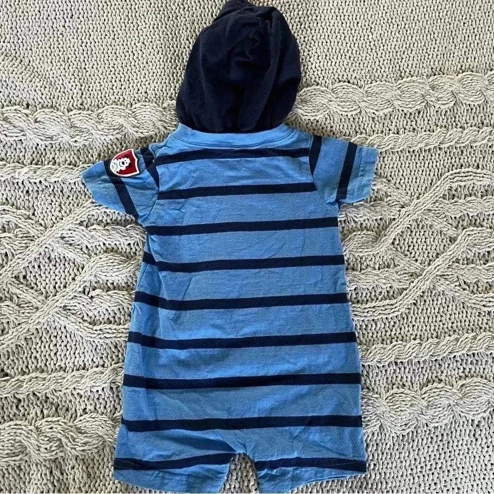 Carter’s 6-9 months blue striped short sleeve fire‎ truck hooded romper​